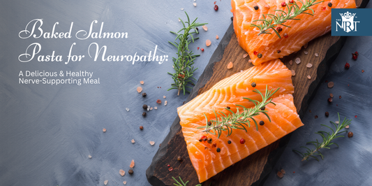 Baked salmon pasta for neuropathy, featuring omega-3 rich salmon, broccoli, and cherry tomatoes for nerve health.